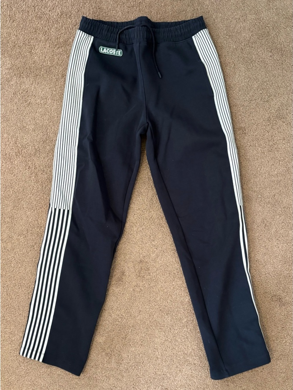 Lacoste Navy Blue Track Pants with White Stripe Panels
